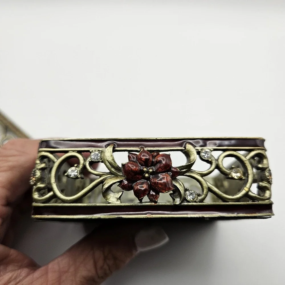 Ornate Square Enamel Floral Filigree Trinket Box with Rhinestone Accents 3